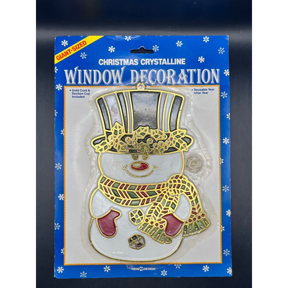 Vtg Giant Sized Christmas Crystalline Snowman Window Decor Reusable NIB 8.5"